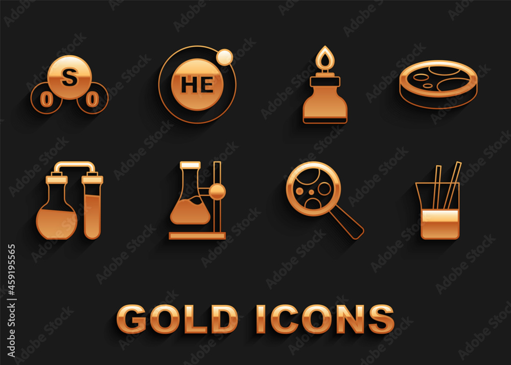 Set Test tube flask on stand, Petri dish with bacteria, Laboratory glassware, Microorganisms under magnifier, Alcohol spirit burner, Sulfur dioxide SO2 and Helium icon. Vector Set Test tube flask on stand, Petri dish with bacteria, Laboratory glassware, Microorganisms under magnifier, Alcohol spirit burner, Sulfur dioxide SO2 and Helium icon. Vector