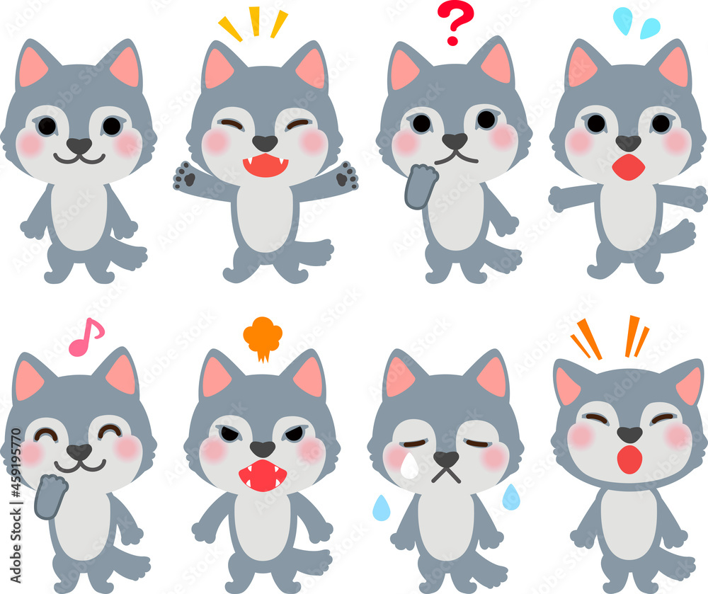 オオカミのキャラクターのイラストセット オオカミのキャラクターのイラストセット