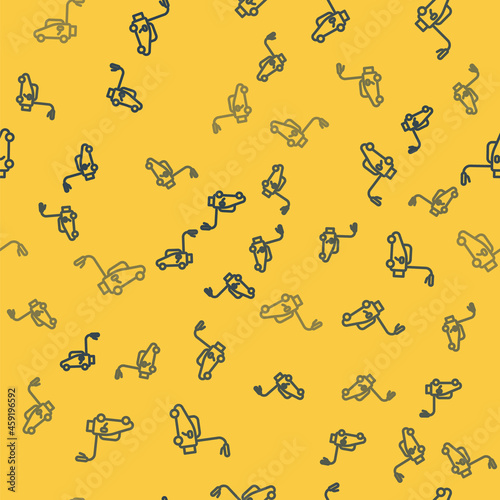 Blue line Lawn mower icon isolated seamless pattern on yellow background. Lawn mower cutting grass. Vector