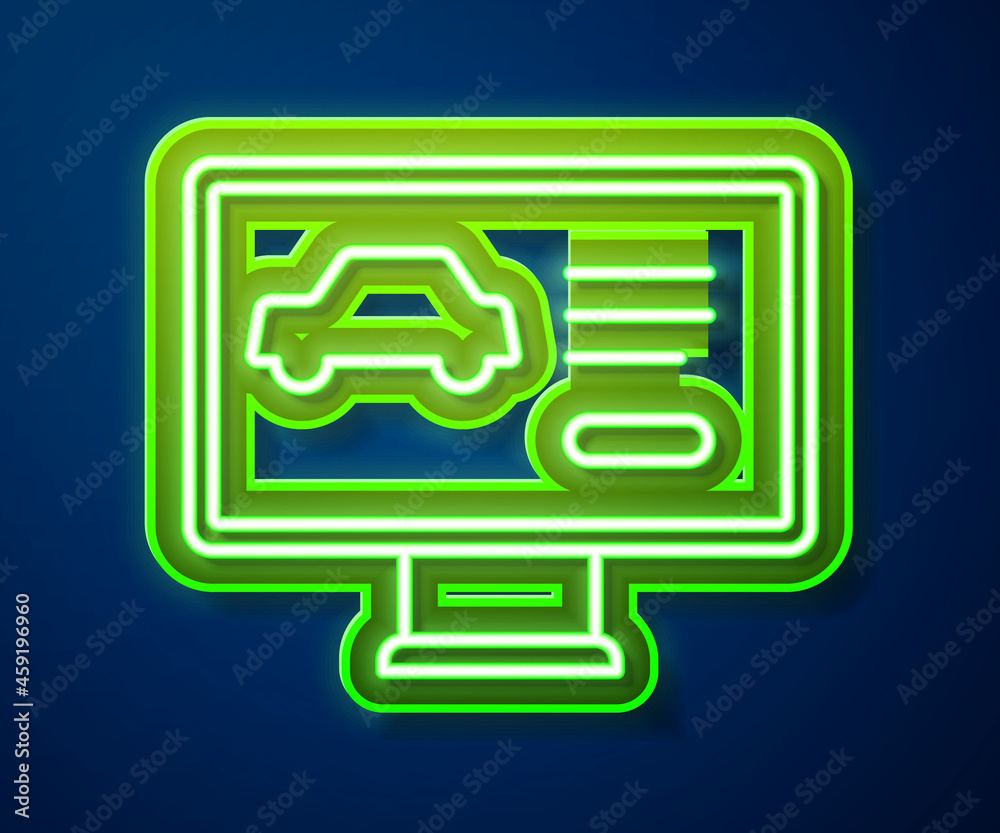 Glowing neon line Hardware diagnostics condition of car icon isolated on blue background. Car service and repair parts. Vector Glowing neon line Hardware diagnostics condition of car icon isolated on blue background. Car service and repair parts. Vector
