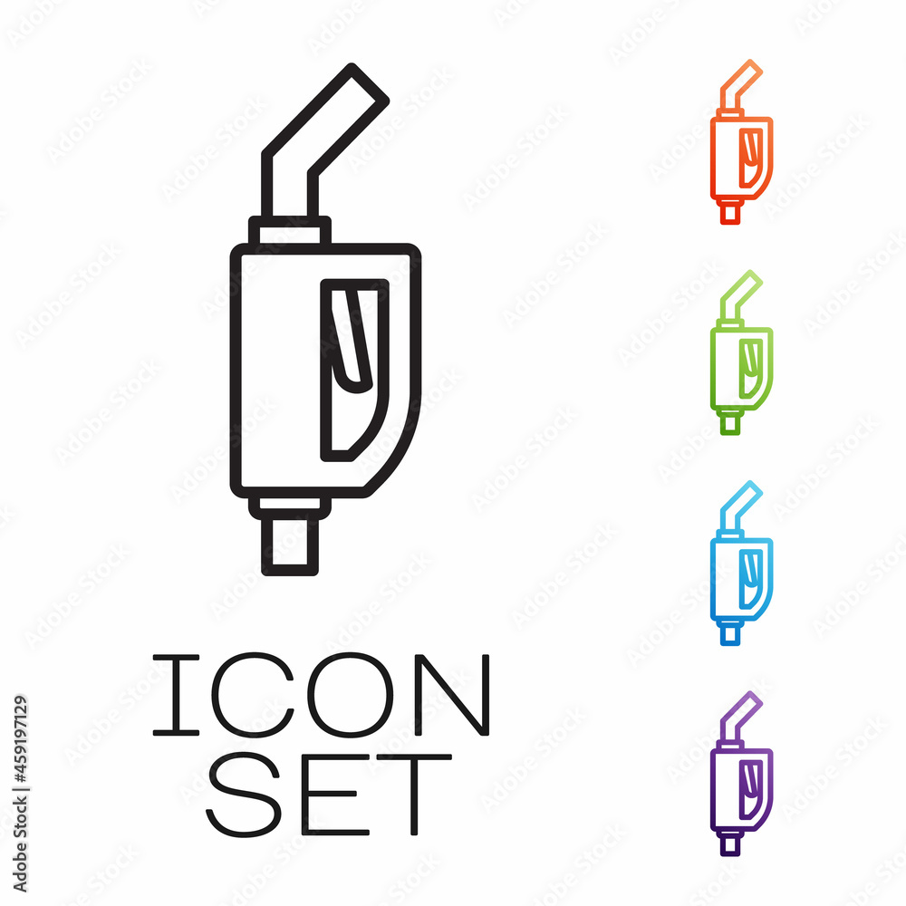 Black line Gasoline pump nozzle icon isolated on white background. Fuel pump petrol station. Refuel service sign. Gas station icon. Set icons colorful. Vector Black line Gasoline pump nozzle icon isolated on white background. Fuel pump petrol station. Refuel service sign. Gas station icon. Set icons colorful. Vector