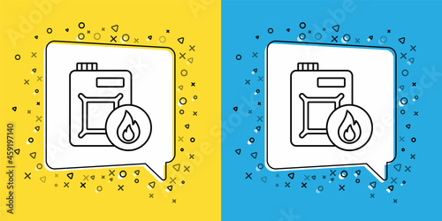Set line Canister for motor machine oil icon isolated on yellow and blue background. Oil gallon. Oil change service and repair. Engine oil sign. Vector