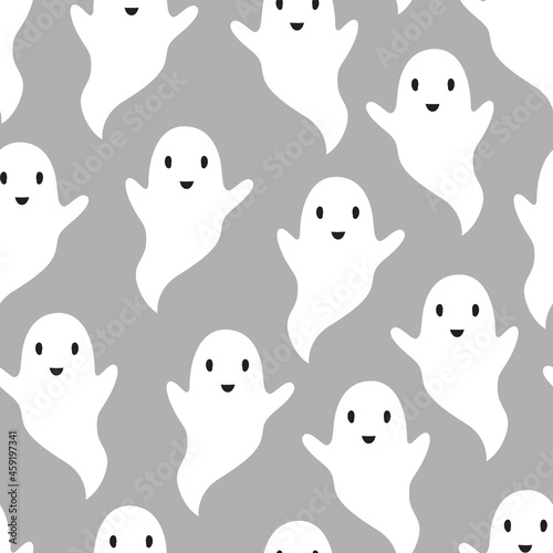 Halloween Cartoon Ghost Pattern Background Halloween Greeting Card Vector Seamless design of white ghosts on gray background. Used for printing, wallpaper, decoration, party