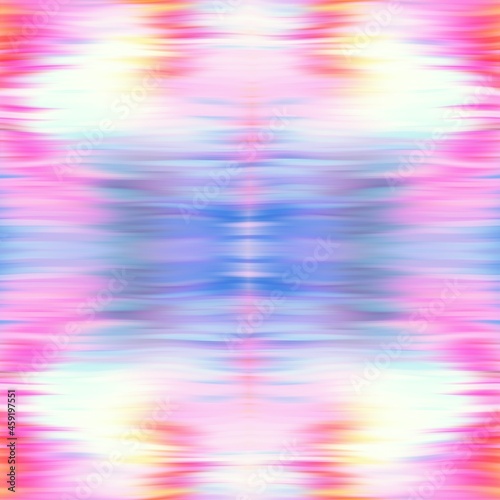 Optical tie dye kaleidoscope blur texture background. Seamless washed out symmetry ombre effect. 80s style retro geometric mirror pattern. High resolution funky beach wear fashion textile