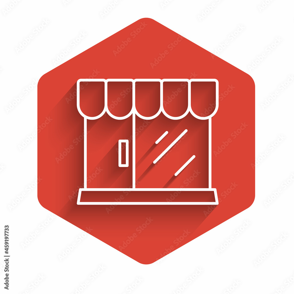 White line Barbershop building icon isolated with long shadow background. Red hexagon button. Vector White line Barbershop building icon isolated with long shadow background. Red hexagon button. Vector