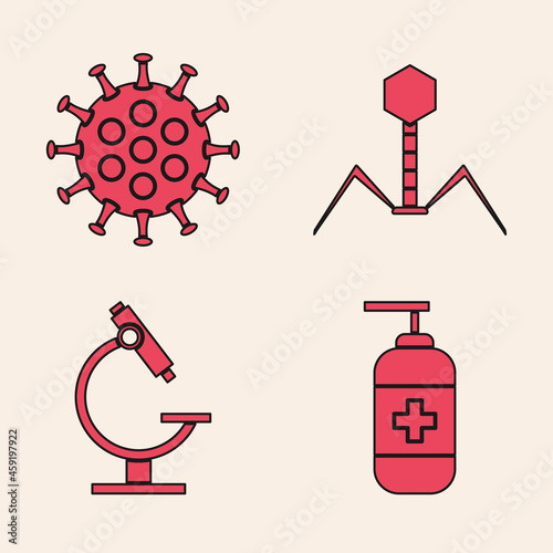 Set Bottle of liquid antibacterial soap, Virus, Bacteria bacteriophage and Microscope icon. Vector