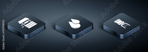 Set Isometric Well with bucket, Water cooler and drop icon. Vector