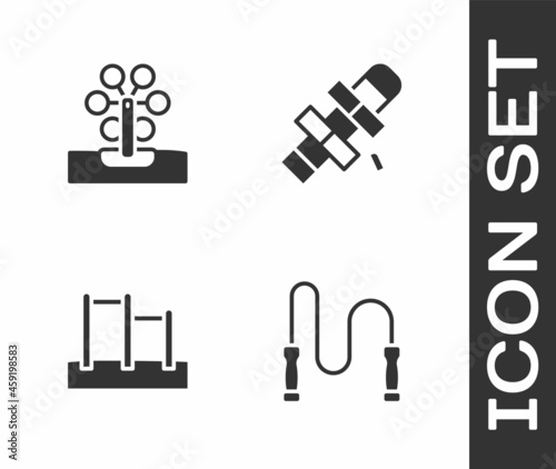 Set Jump rope, Ferris wheel, Horizontal bar and Hopscotch icon. Vector