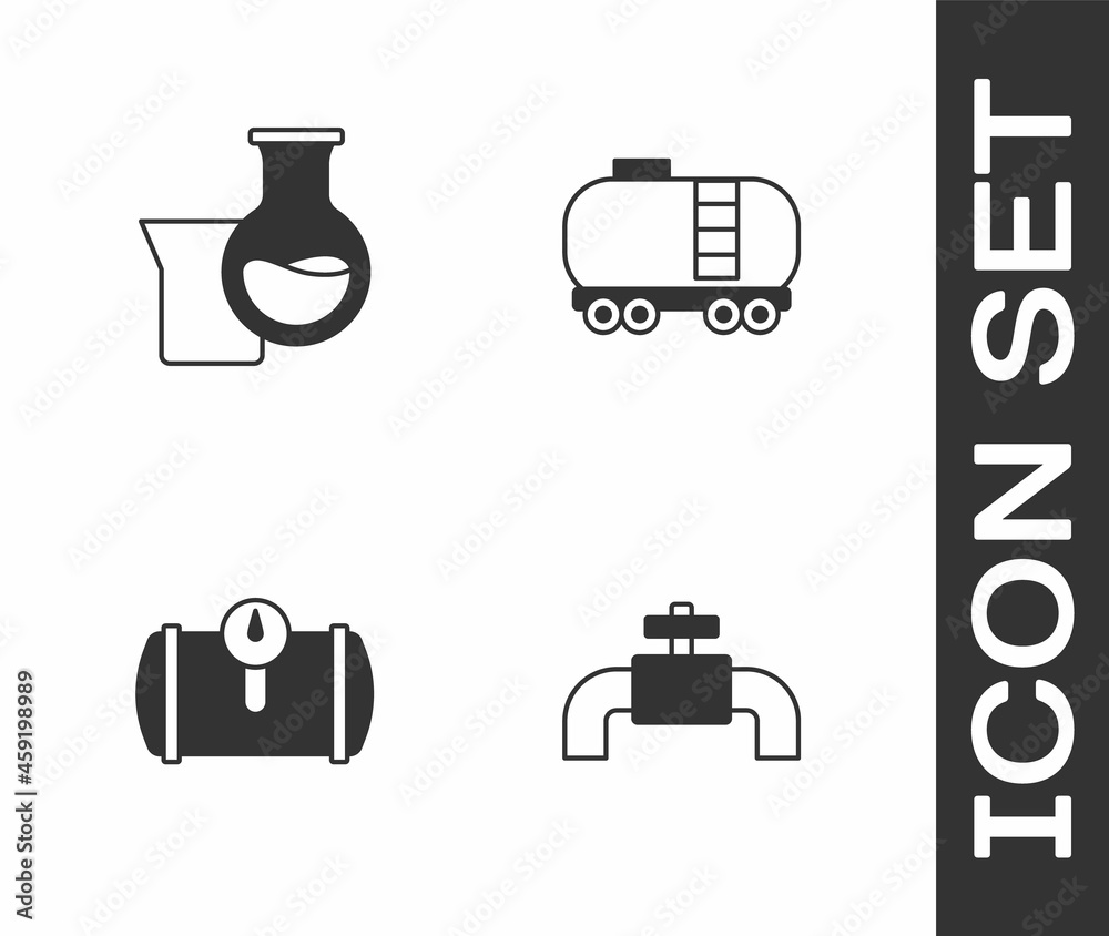 Set Metallic pipes and valve, Oil petrol test tube, Gas tank for vehicle and railway cistern icon. Vector Set Metallic pipes and valve, Oil petrol test tube, Gas tank for vehicle and railway cistern icon. Vector