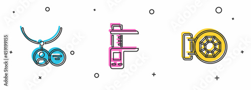 Set Locket on necklace, Calliper or caliper and scale and Jewelry store icon. Vector