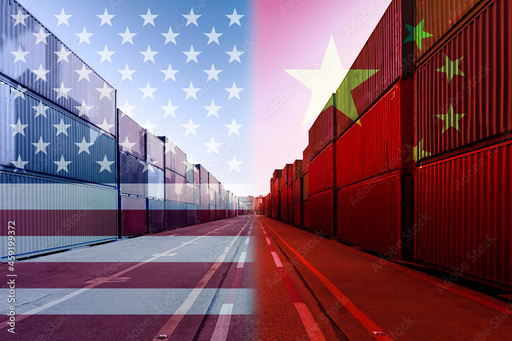 Fototapeta premium Double exposure image of United States of America and China trade war tariffs as two opposing container cargo in port as an economic taxation dispute over import and exports concept