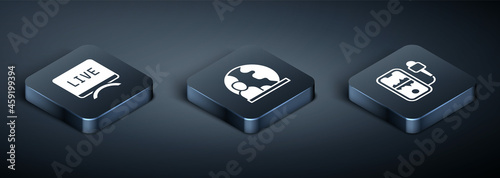 Set Isometric Live report, Mobile recording and World news icon. Vector