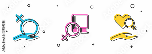 Set Female gender, Book about women and Heart with female icon. Vector