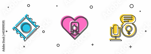 Set Condom in package, Heart with female and Microphone icon. Vector