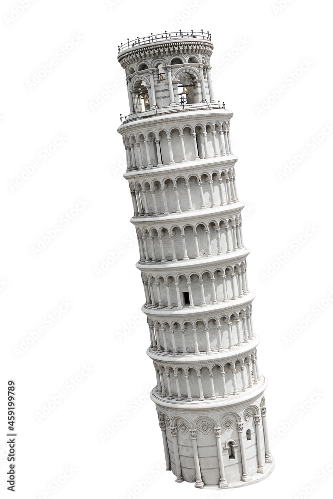 The Leaning Tower of Pisa isolated on white background with clipping path