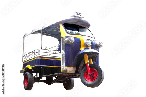 Three wheel native taxi (Tuk Tuk) vehicle urban in Bangkok Thailand isolated on white background with clipping path