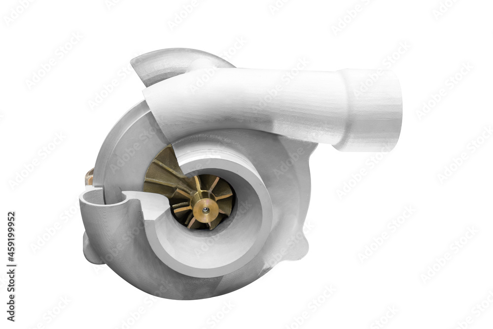 Cross section of a modern turbocharger in a diesel engine isolated on