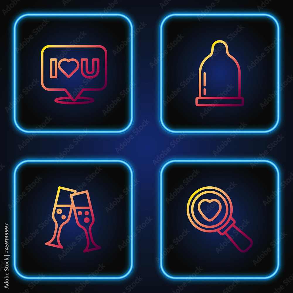 Set line Search heart and love, Glass of champagne, Speech bubble with I you and Condom. Gradient color icons. Vector Set line Search heart and love, Glass of champagne, Speech bubble with I you and Condom. Gradient color icons. Vector
