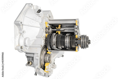 Cross section of a transmission part and gearbox isolated on a white background with clipping path