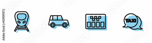 Set line Taximeter, High-speed train, Car and call telephone service icon. Vector