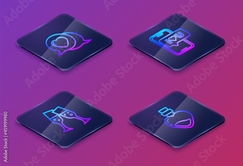 Set Isometric line Heart in speech bubble, Glass of champagne, Mobile with heart and Bottle love potion. Blue square button. Vector