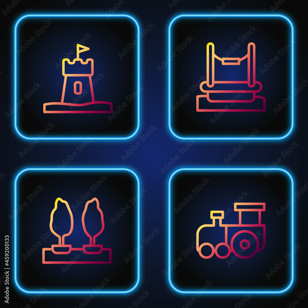 Set line Toy train, Forest, Sand tower and Bungee. Gradient color icons. Vector Set line Toy train, Forest, Sand tower and Bungee. Gradient color icons. Vector
