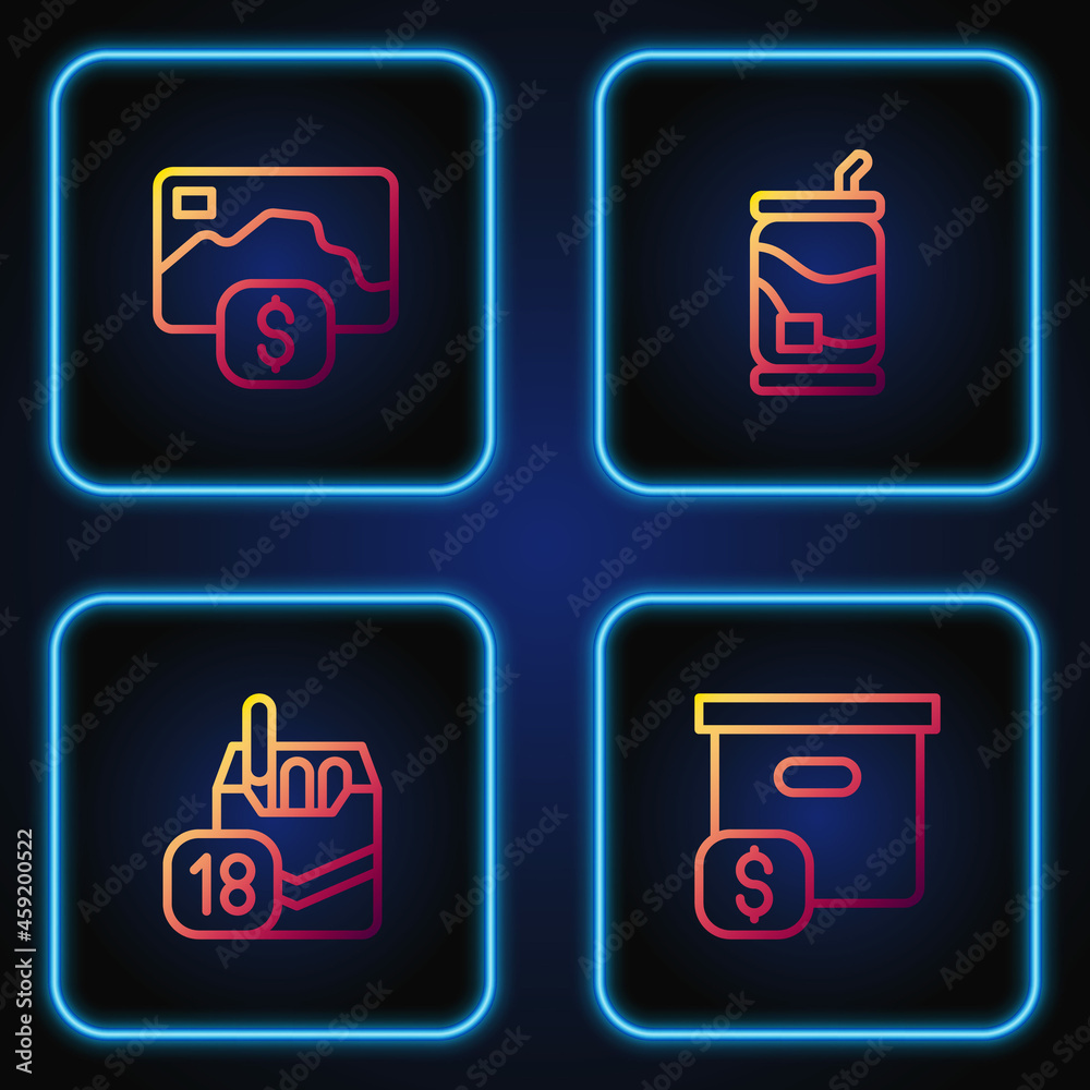 Set line Carton cardboard box with price, Cigarettes pack, Credit and Soda can. Gradient color icons. Vector Set line Carton cardboard box with price, Cigarettes pack, Credit and Soda can. Gradient color icons. Vector