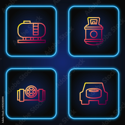 Set line Spare wheel in the car, Metallic pipes and valve, Oil tank storage and Propane gas. Gradient color icons. Vector