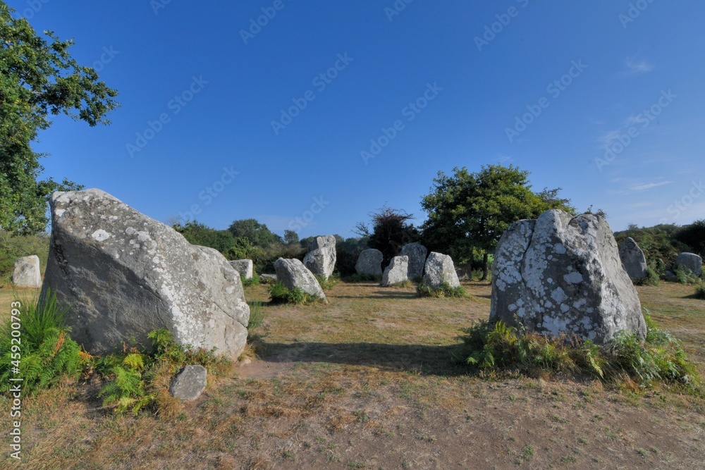 Beautiful menhirs alignment at Erdeven Kerzerho in Brittany Morbihan France