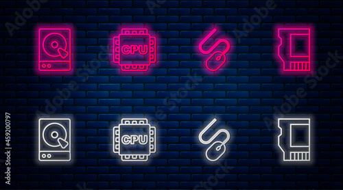 Set line Processor with CPU, Computer mouse, Hard disk drive HDD and SD card. Glowing neon icon on brick wall. Vector