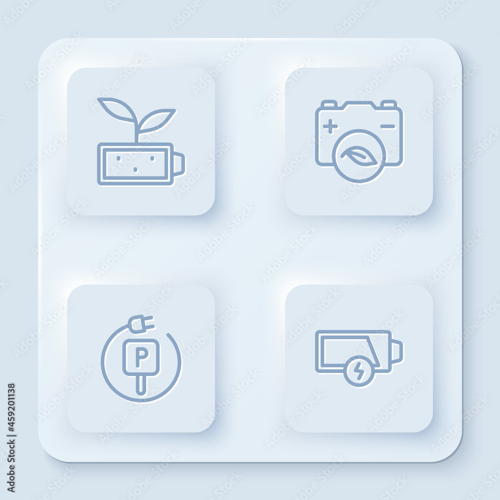 Set line Eco nature leaf battery, Charging parking electric car and Low. White square button. Vector Set line Eco nature leaf battery, Charging parking electric car and Low. White square button. Vector