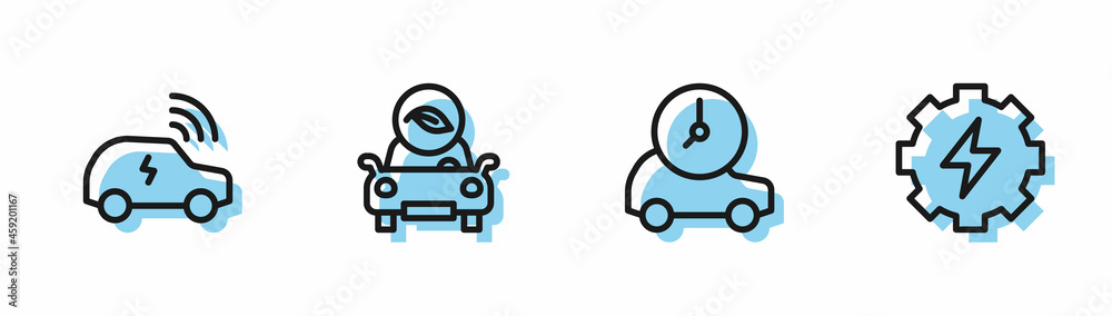 Set line Electric car, Smart system, Eco and Gear and lightning icon. Vector Set line Electric car, Smart system, Eco and Gear and lightning icon. Vector