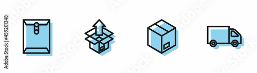 Set line Carton cardboard box, Envelope, Unboxing and Delivery cargo truck icon. Vector