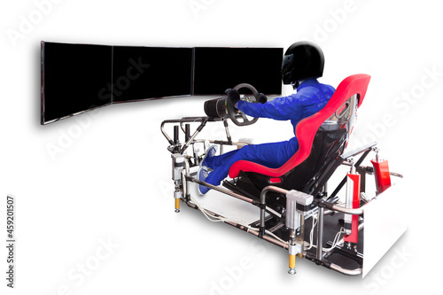 Race car driver racing simulator cockpit premier automotive specialty isolated on white background with clipping path