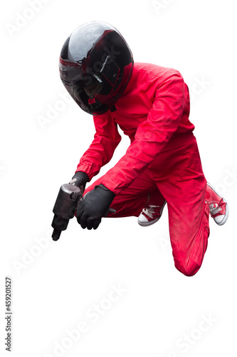 Pit stop technician maintaining service for a racing car during competition event isolated on white background with clipping path