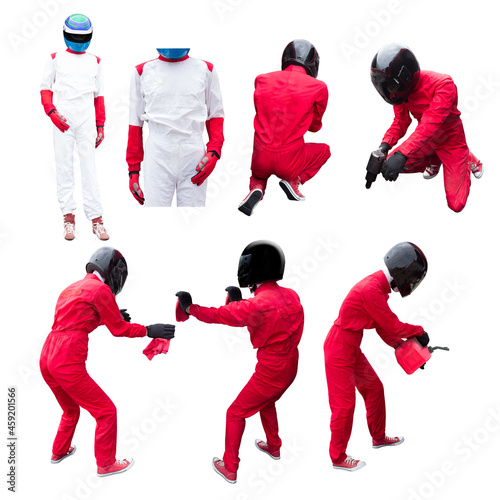 Collections of race car driver and team technician maintaining service for a racing car in pit stop isolated on white background with clipping path