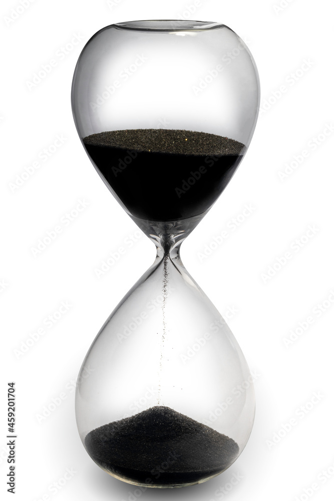 Hourglass with black sand isolated on white background with clipping path Hourglass with black sand isolated on white background with clipping path