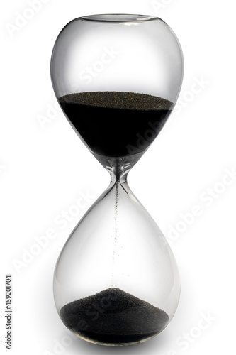 Hourglass with black sand isolated on white background with clipping path