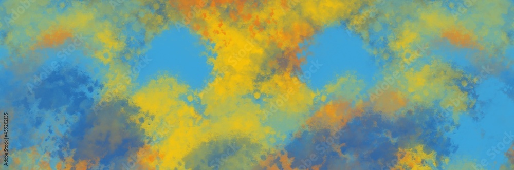 Abstract painting art with blue and yellow wet sponge paint brush for presentation, website background, banner, wall decoration, or t-shirt design.