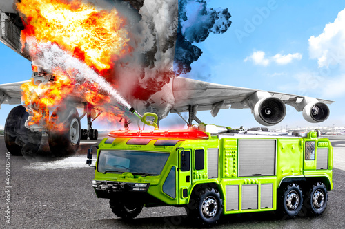 Airport fire truck during battle fire burning on aircraft at runway of airport