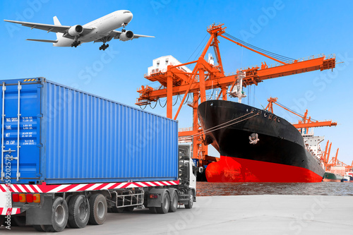 Commercial delivery cargo container truck on road and Aircraft flight at airport link with container ship being unloaded in the harbor