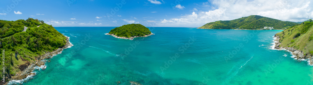 Aerial view drone shot of panorama laem promthep cape Beautiful scenery andaman sea in summer season at phuket thailand Beautiful travel background and website design nature background