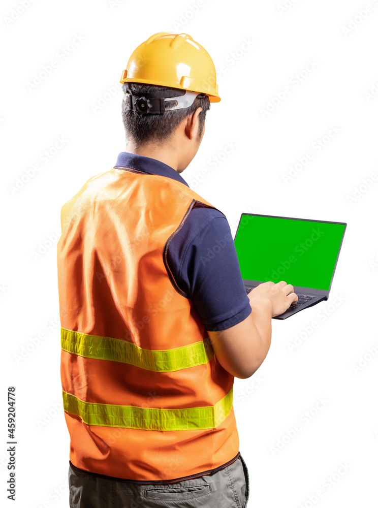 Asian engineer or technician wear helmet and vest hold computer notebook Asian engineer or technician wear helmet and vest hold computer notebook