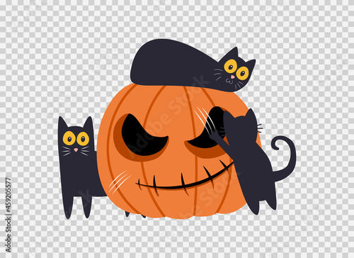 Halloween party banner with smile pumpkin and cute cats isolated  on png or transparent, blank space for text,element template for poster,brochures,online sale marketing  advertising,vector
