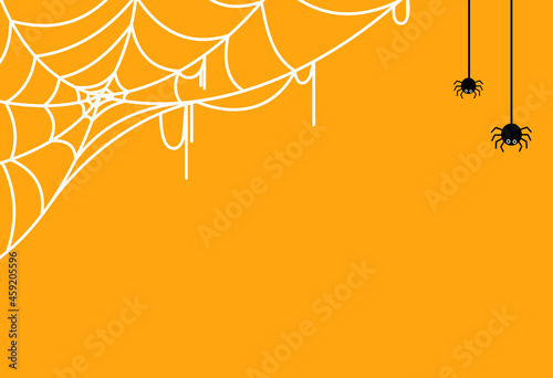 Halloween party background with spider hanging from spiderwebs isolated on yellow texture,blank space for text,element template for poster,brochures, online advertising,vector illustration