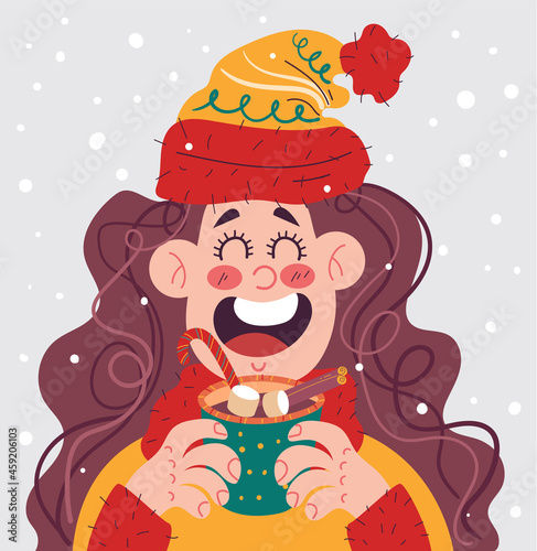 Girl woman character drinking hot winter drink. Merry Christmas and Happy New Year card flat cartoon illustration