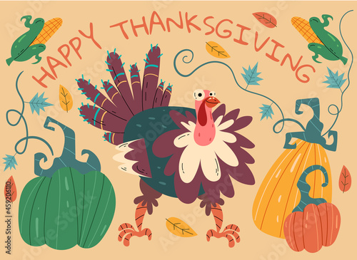 Thanksgiving day banner poster flat cartoon illustration 