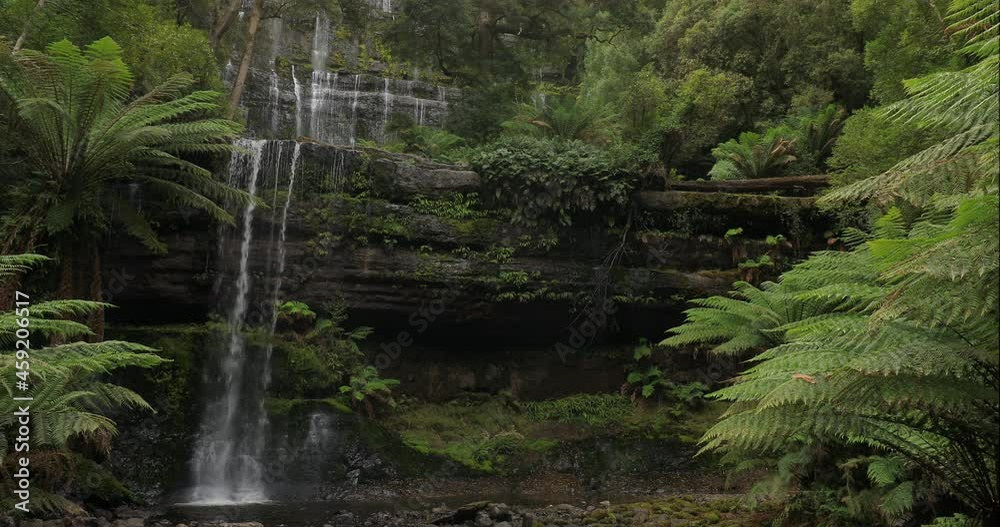 Locked off stationary motion of the famous Russell Falls, with a tiered cascade amid rocks and ferns at Mount Field National Park, a very visited tourist destination in Tasmania, Australia Locked off stationary motion of the famous Russell Falls, with a tiered cascade amid rocks and ferns at Mount Field National Park, a very visited tourist destination in Tasmania, Australia