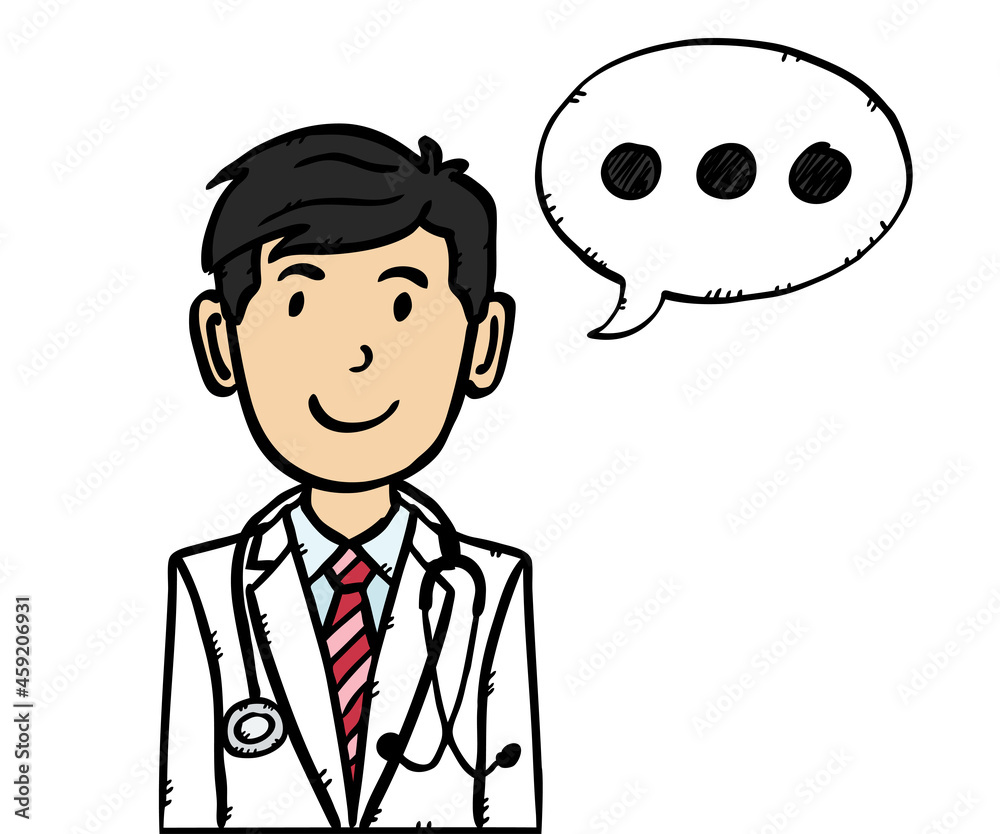 Doodle vector illustration of doctor with comic book talking cloud. Colorful hand drawn illustration. Isolated object on white background. Doodle vector illustration of doctor with comic book talking cloud. Colorful hand drawn illustration. Isolated object on white background.