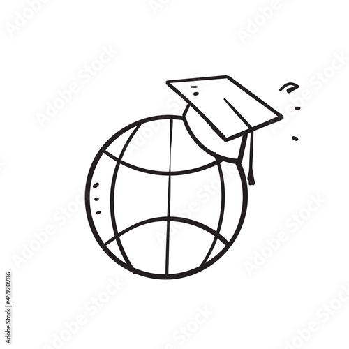 hand drawn doodle globe and graduation hat symbol for international education online icon